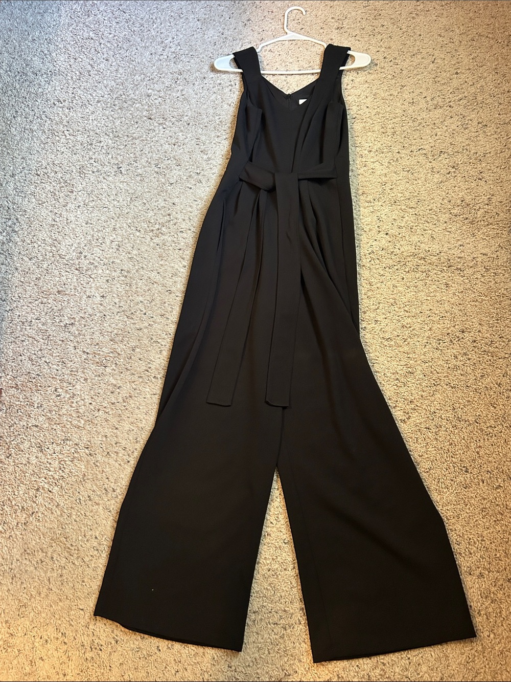London Times Black Sleeveless Wide-Leg Jumpsuit with Waist Tie